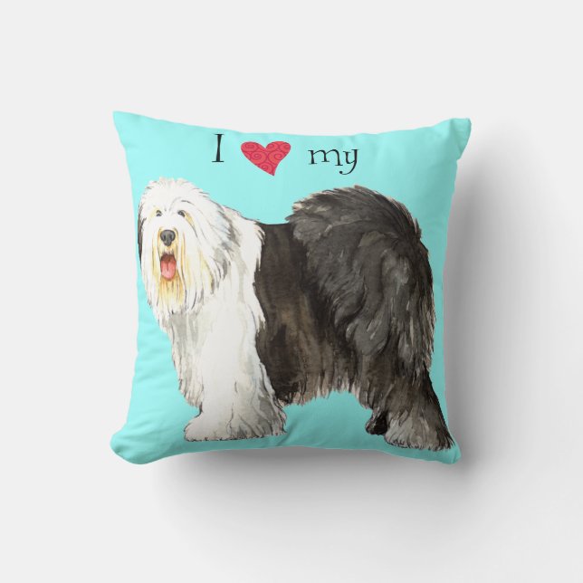 Coussin J'aime mon vieux chien de berger anglais (Recto)
