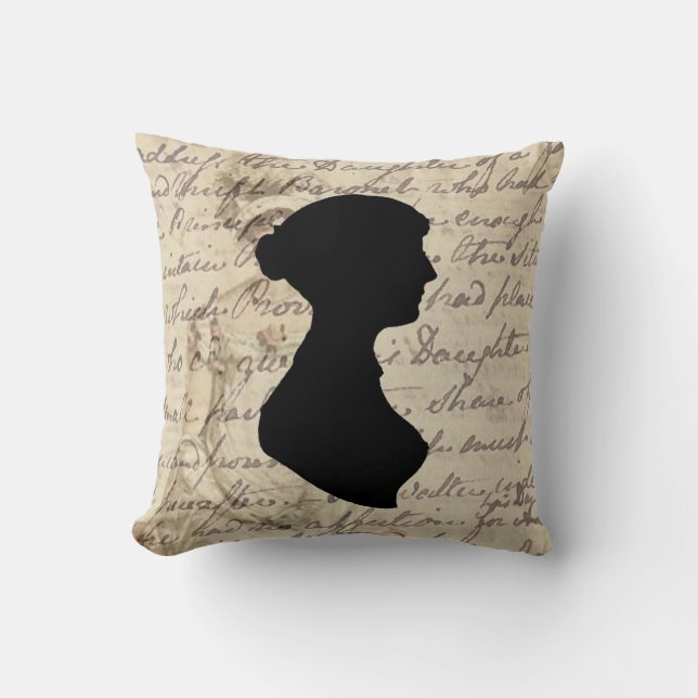 Coussin Jane Austen et transcription et silhouette, (Recto)
