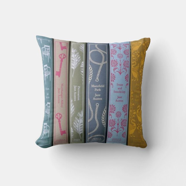 Coussin Jane Austen on one side and her books on the other (Recto)