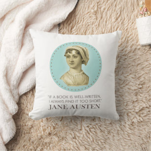 Coussin Jane Austen Portrait et citation sur la lecture