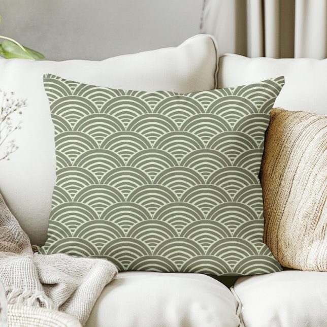 Coussin Japandi Moderne Agritourisme Sage Green Waves Arch (sage green japandi japanese scandinavian pillow)