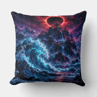 Coussin Japanese Cyberpunk Mountain Wave Eclipse Poster