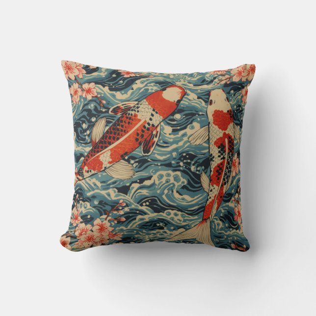 Coussin Japanese Koi Fish & Cherry Blossom— Ukiyo-e Wave  (Recto)