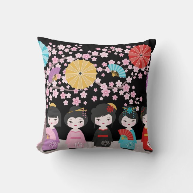 Coussin Japonais Kokeshi Dolls Noir (Recto)