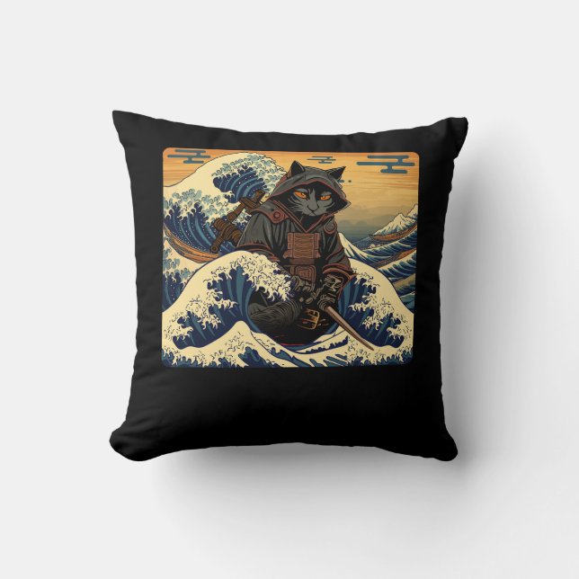 Coussin Japonais Rétro Samurai Chat La Grande Vague Par Ho (Recto)
