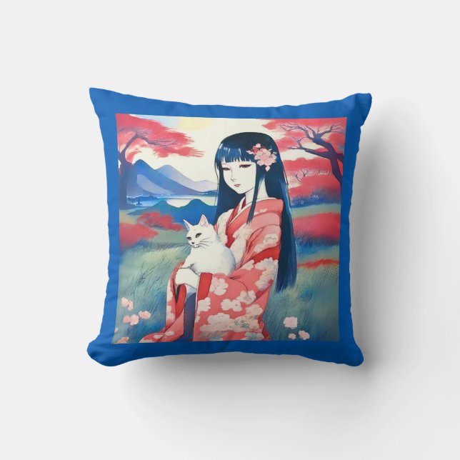 Coussin Japonaise avec un chat blanc (Recto)