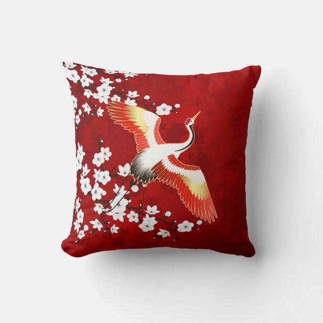 Coussin Japonaise Grue Blanc Cerisier Fleur Rouge (Recto)