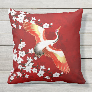 Coussin Japonaise Grue Blanc Cerisier Fleur Rouge