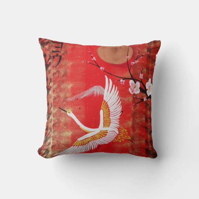 Coussin Japonaise grue soleil Japon sakura rouge cerise (Recto)