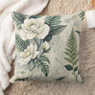 Coussin Jardin blanc de gardénias, sauge, fougère, floral
