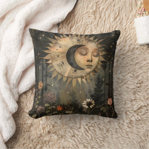 Coussin Jardin bohème céleste soleil lune fleur sauvage