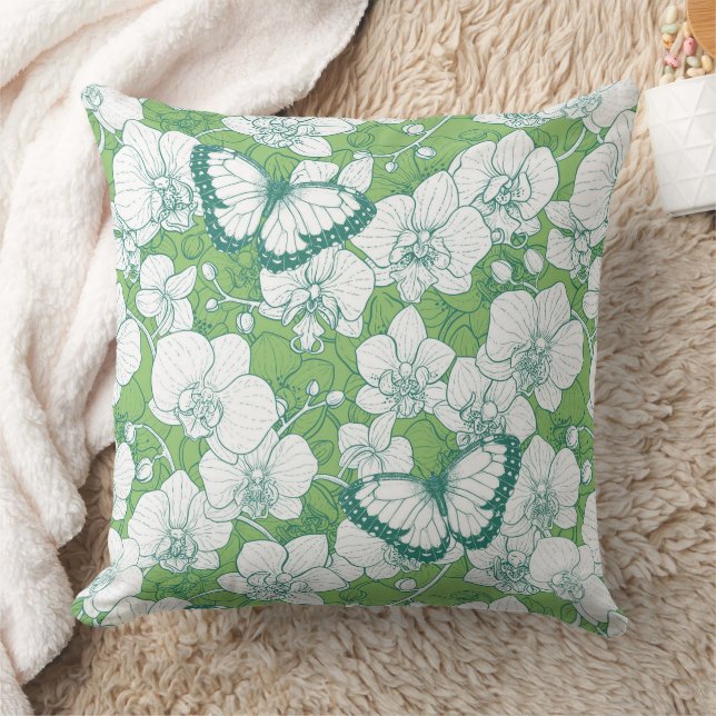 Coussin Jardin botanique d'orchidées avec papillons en ver (Couverture)