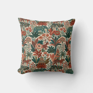 Coussin Jardin Colonial Indien Eléphants Tigres Vintage
