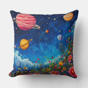 Coussin Jardin cosmique vibrant avec planètes et ciel étoi