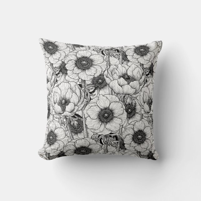 Coussin Jardin d'anémones en noir et blanc (Recto)