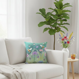 Coussin Jardin D'Aquarelle Vibrant Avec Fleurs D'Abeilles