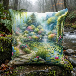 Coussin Jardin de cascade enchanté avec bassin de nénuphar