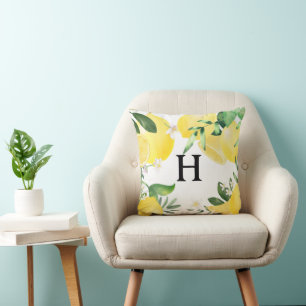 Coussin Jardin de citron d'été initial monogramme Jaune