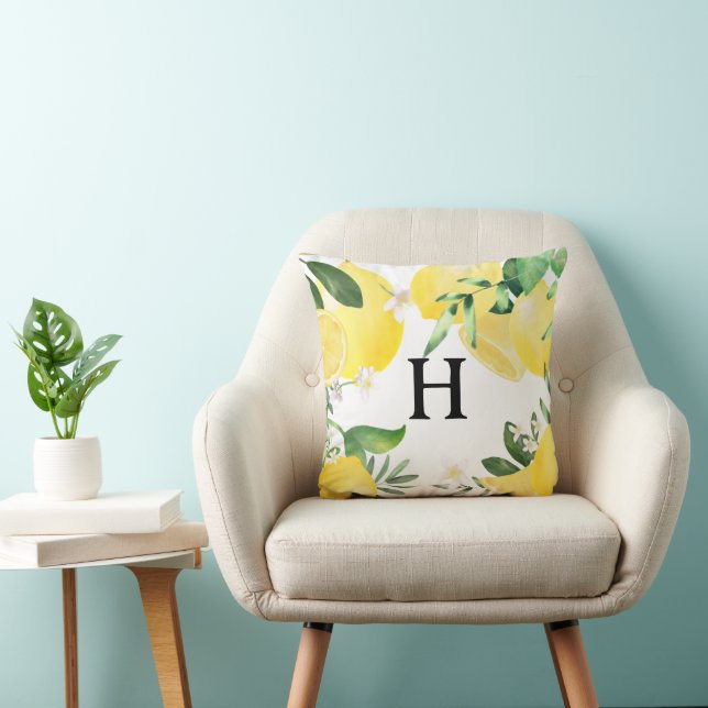 Coussin Jardin de citron d'été initial monogramme Jaune (Chaise)
