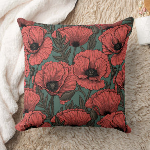 Coussin Jardin de coquelicot dans le corail, brun et vert 