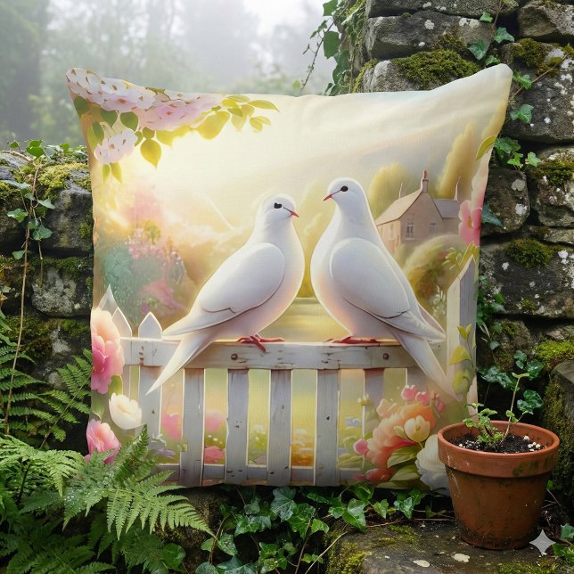 Coussin Jardin de cottage aux colombes blanches (White Doves Cottage Garden Throw Pillow Mockup A)