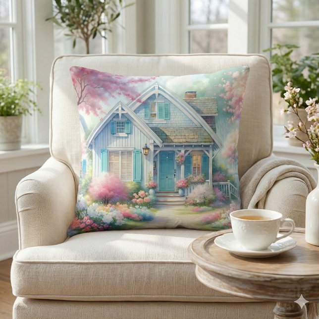 Coussin Jardin de cottage bleu de Blossom Lane (Blossom Lane Blue Cottage Garden Throw Pillow Mockup A)