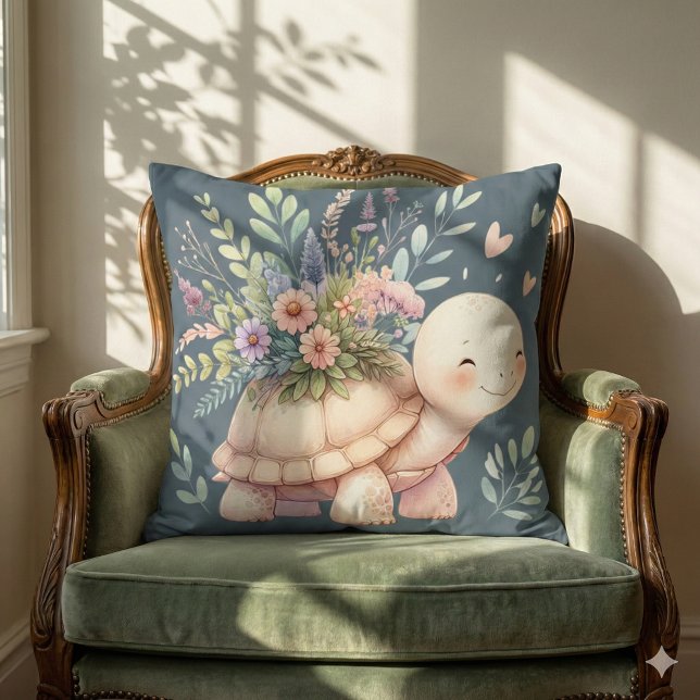 Coussin Jardin de Cottage Tortue Aquarelle (Cottage Garden Turtle Watercolor Throw Pillow Mockup A)