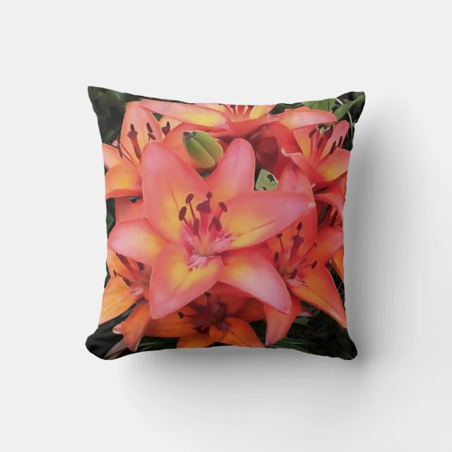 Coussin Jardin de couleur corail artistique Lys (Recto)