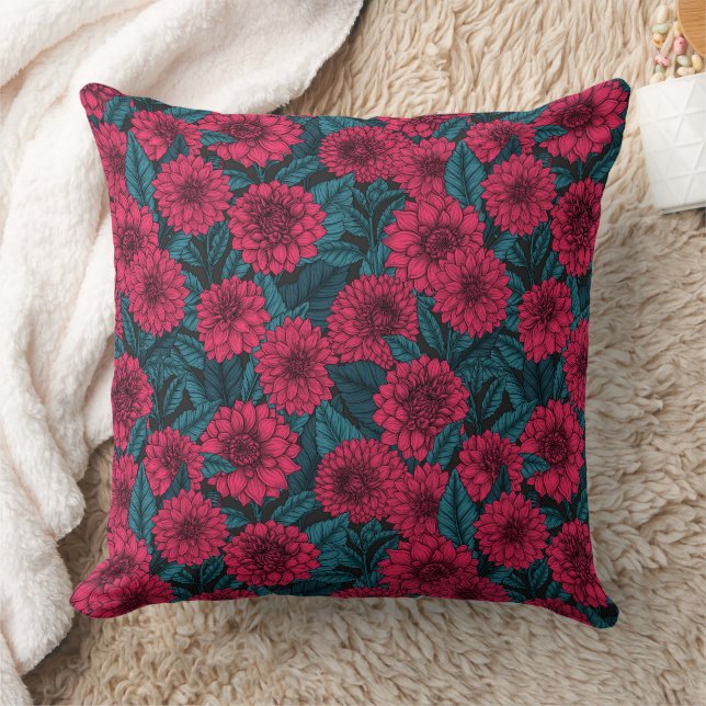 Coussin Jardin de Dahlia Rouge/feuilles bleus (Couverture)