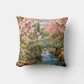 Coussin Jardin de fleurs de cerisier Pont Vert Ruisseau en