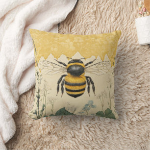 Coussin Jardin de fleurs sauvages à abeille à miel vintage