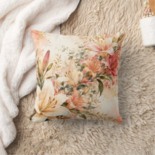 Coussin Jardin de Lys à l'aquarelle Rose Pâle et Corail Él