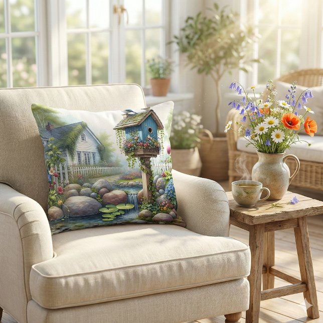 Coussin Jardin de maisonnette à l'aquarelle avec nichoir à (Cottagecore Birdhouse Garden Watercolor Throw Pillow Mockup A)
