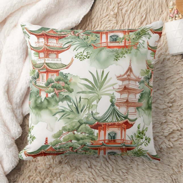 Coussin Jardin de pagode orientale aquarelle sage (Couverture)
