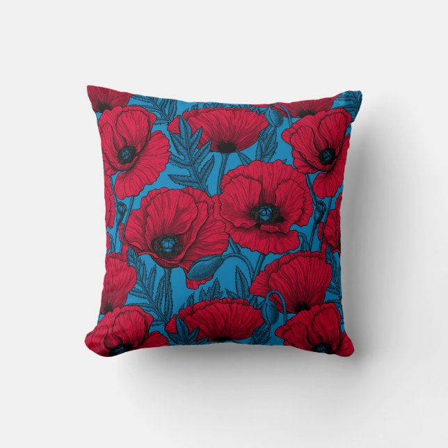 Coussin Jardin de pavot rouge sur bleu (Recto)