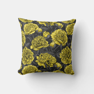 Coussin Jardin de pivoine nocturne en jaune et gris