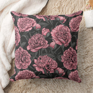 Coussin Jardin de pivoine nocturne rose et gris