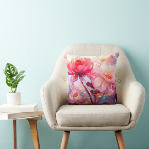 Coussin Jardin de pivoines en fleurs à l'aquarelle