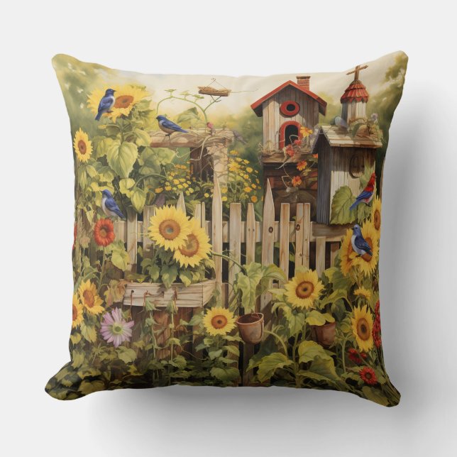 Coussin Jardin de tournesol 14 Maisons d'oiseaux Oiseaux b (Recto)