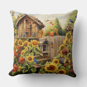 Coussin Jardin de tournesol 2 Maisons d'oiseaux Oiseaux bl