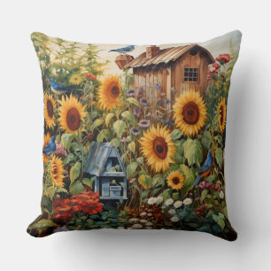 Coussin Jardin de tournesol 3 Maisons d'oiseaux Oiseaux bl