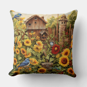 Coussin Jardin de tournesol 4 Maisons d'oiseaux Oiseaux bl