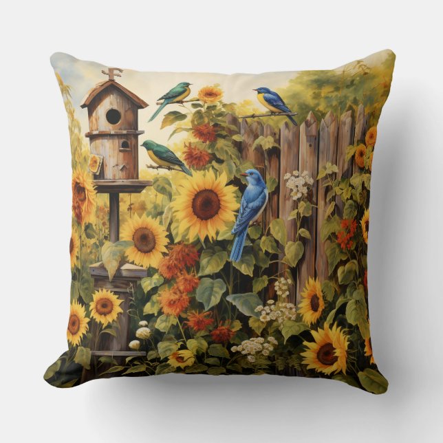 Coussin Jardin de tournesol 5 Maisons d'oiseaux Oiseaux bl (Recto)