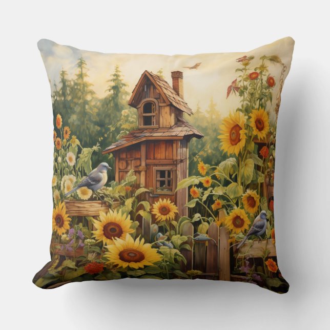 Coussin Jardin de tournesol 8 Maisons d'oiseaux Oiseaux bl (Recto)