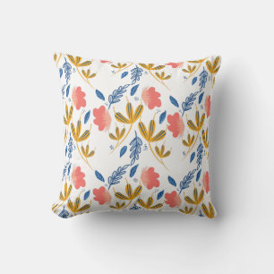 Coussin Jardin d'été Bleu Corail Jaune Flore Main tirée