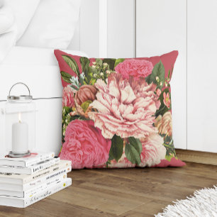 Coussin jardin d'été corail crème et fleurs vertes