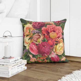 Coussin Jardin d'été rouge jaune rose et vert fleurs