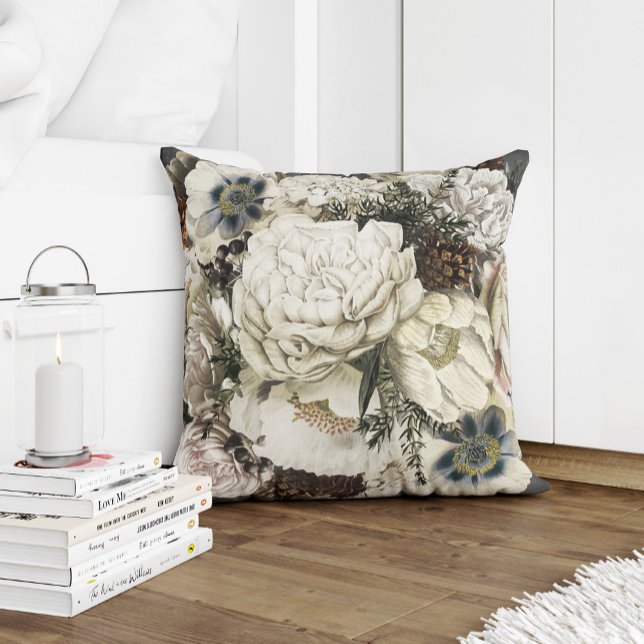 Coussin Jardin d'hiver blanc et gris vintage botanique (Créateur téléchargé)