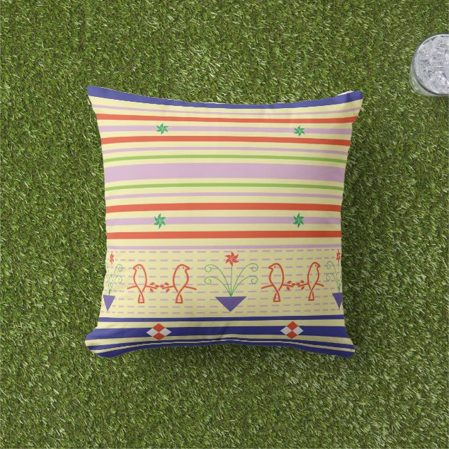 Coussin Jardin Fantaisiste : Oiseau d'Art Populaire et Pas (Herbe)