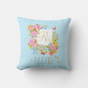 Coussin Jardin fleuri romantique monogramme bleu